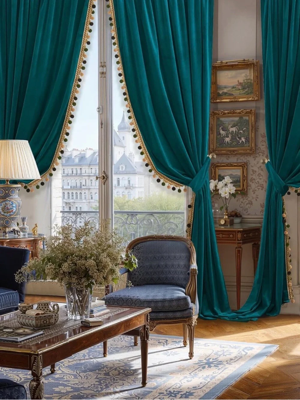 2 Panels Teal Velvet Window 96 “ Curtains with Gold Trim and Pom-Pom Accents - Picture 2 of 9